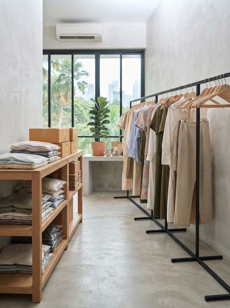QQ Clothing Singapore showroom rails at Paya Lebar