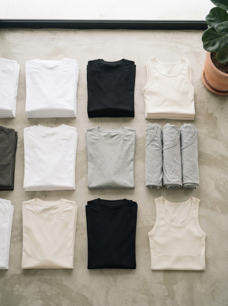 Basics and t-shirts flat lay for QQ Clothing Singapore wholesale